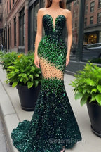 V-Neck Sequins Evening Prom Dress Mermaid Sleeveless Crystal.