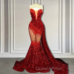 Red Mermaid Style Evening Prom Dress with Sweetheart Sequins and Ruffle
