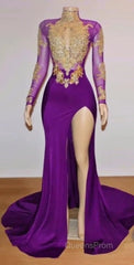 Unique Evening Prom Dress, Long Sleeve High Neck Beaded Split Evening Prom Dress