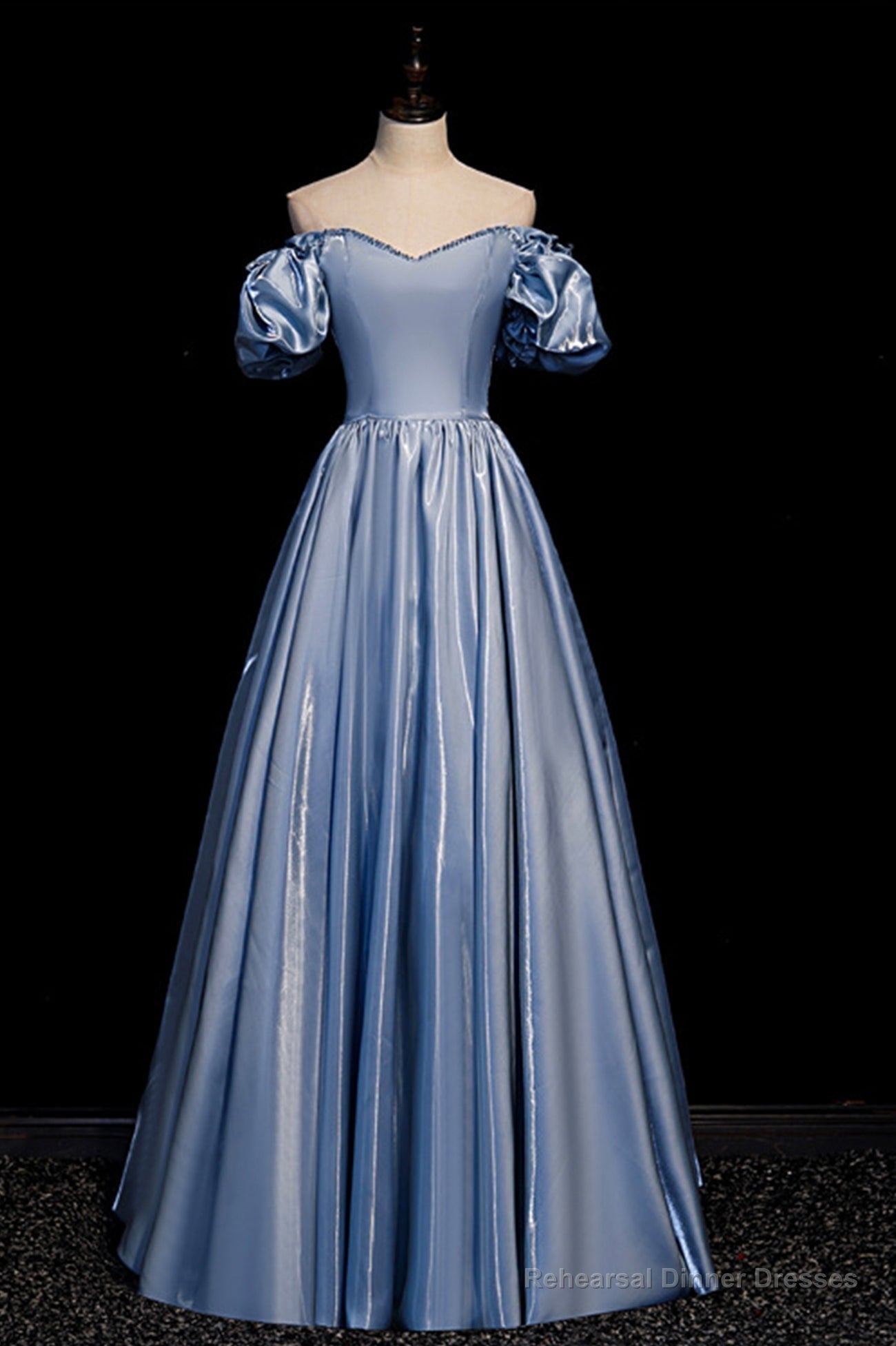 Cute Satin Long Prom Dresses, Blue Short Sleeve A-Line Evening Dresses Main image