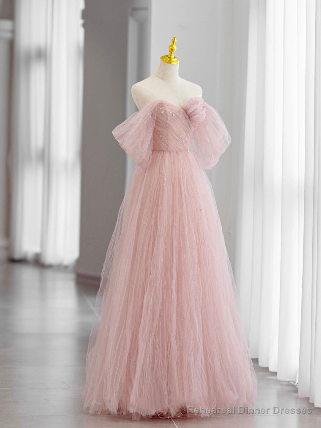 Pink Tulle Long Prom Dress, Beautiful A-Line Off Shoulder Evening Dress Main image