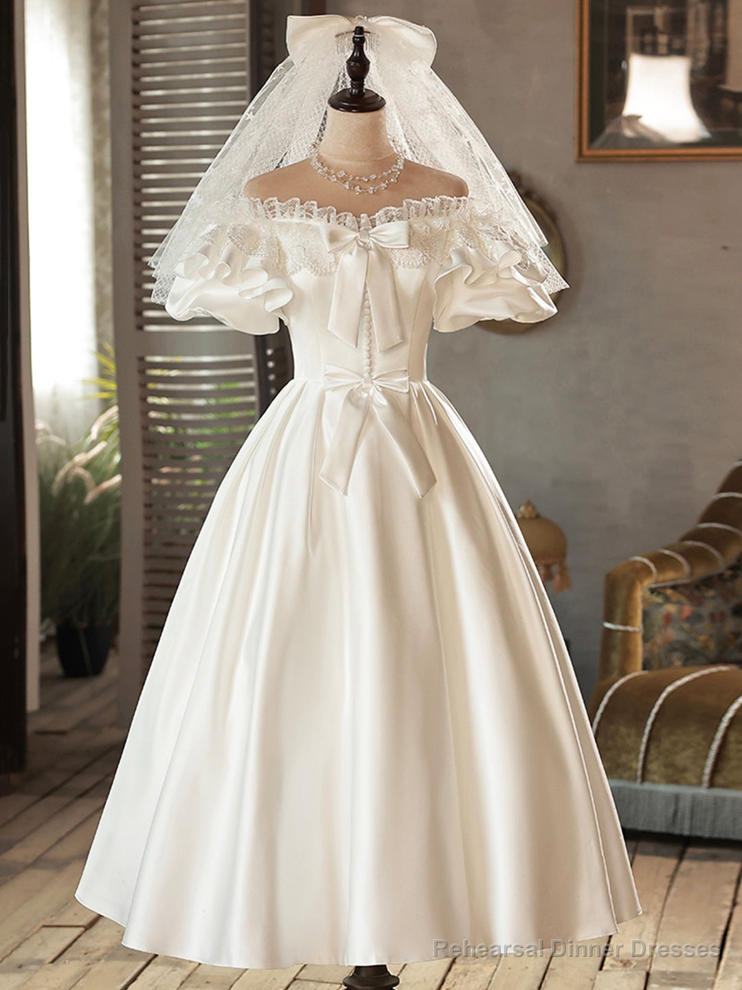 White Satin Lace Short Prom Dress, White Evening Dress, Wedding Dress Main image