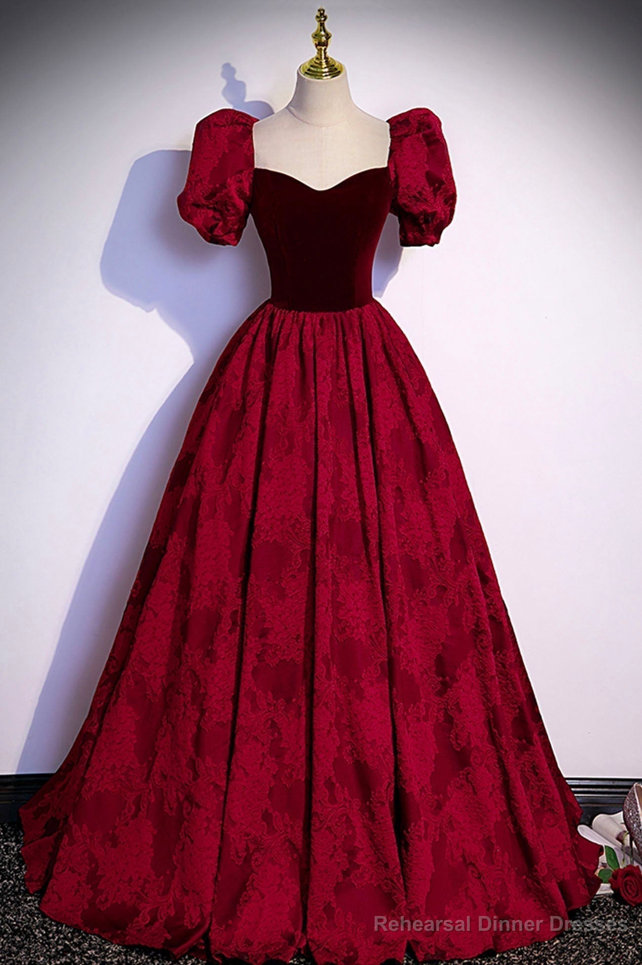 Burgundy Velvet Long A-Line Prom Dress, Short Sleeve Evening Dress