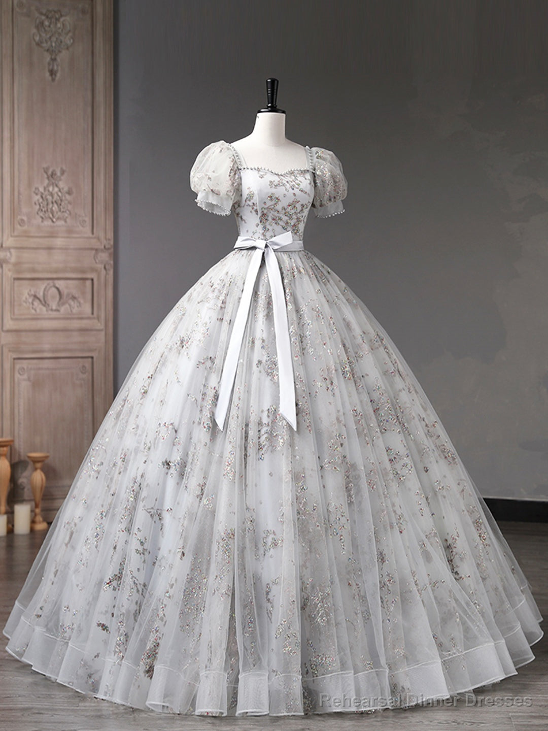 Gray Tulle Sequins Long Prom Dress, A-Line Short Sleeve Evening Dress Secondary image