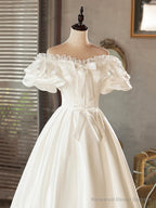 White Satin Lace Short Prom Dress, White Evening Dress, Wedding Dress