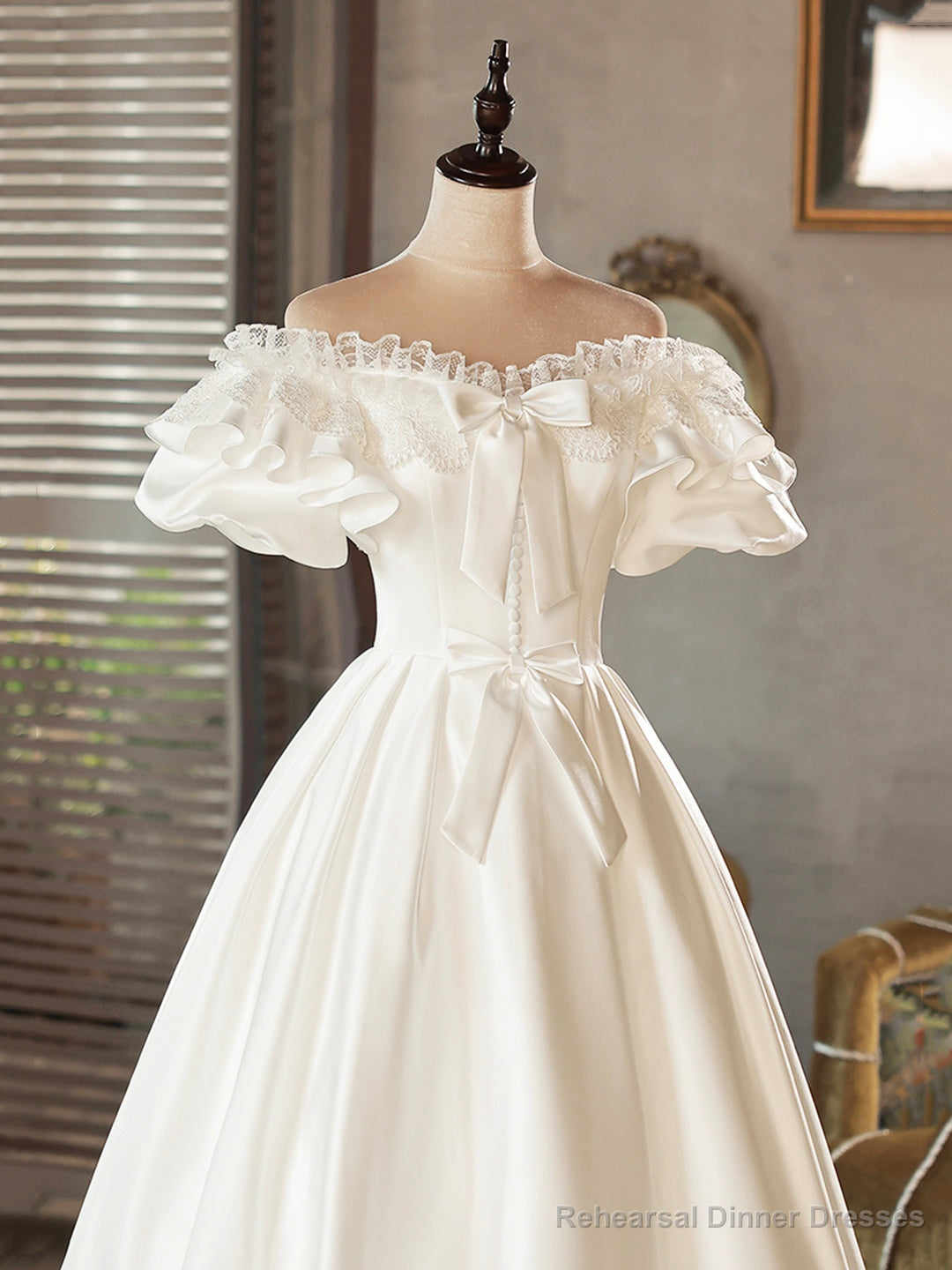 White Satin Lace Short Prom Dress, White Evening Dress, Wedding Dress