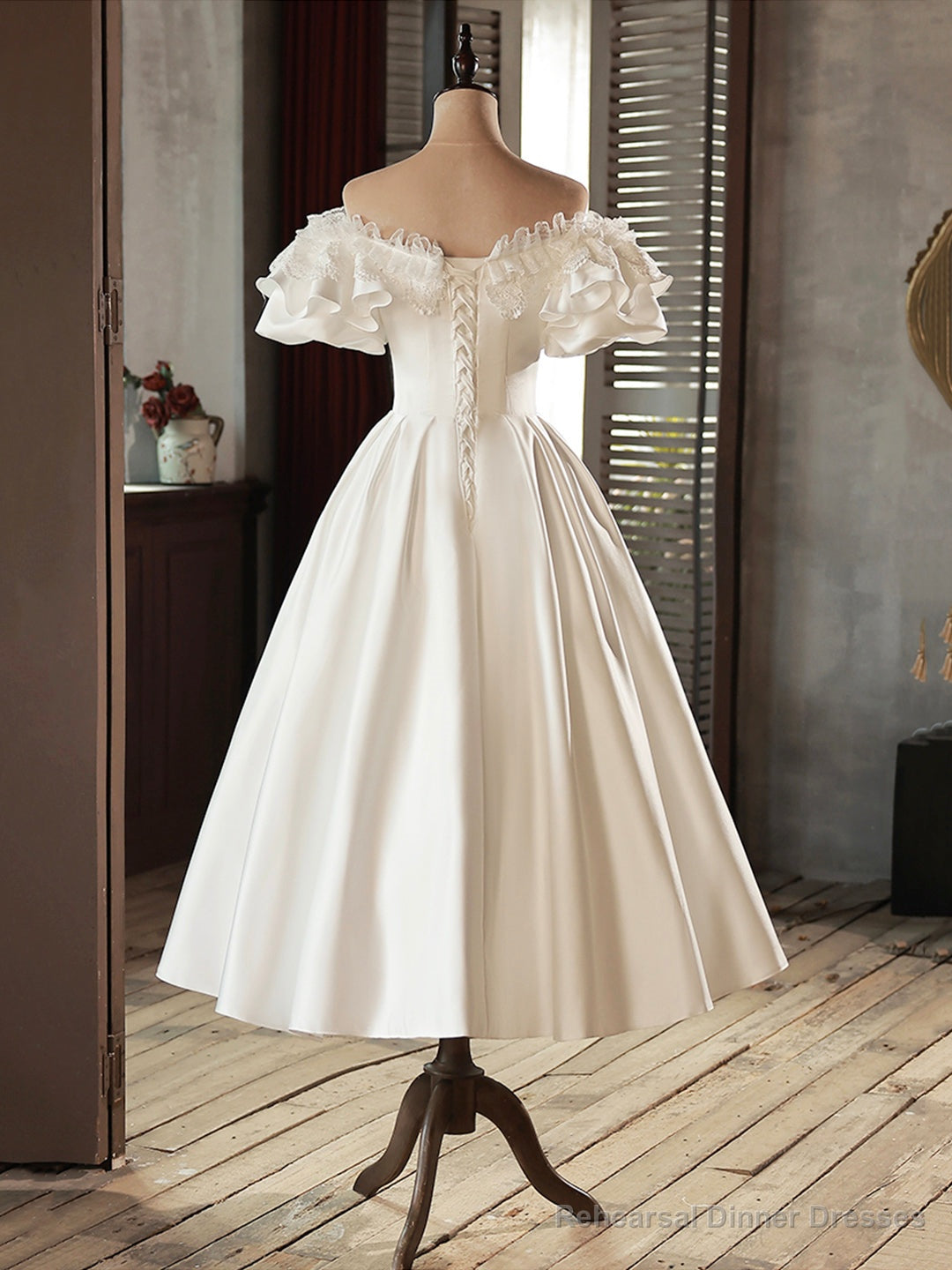White Satin Lace Short Prom Dress, White Evening Dress, Wedding Dress Secondary image