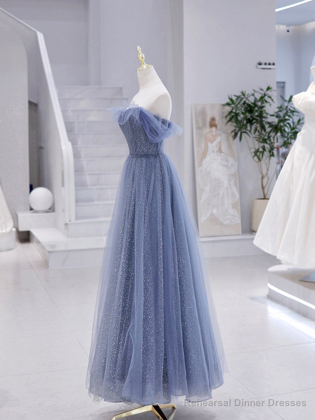 Blue Strapless Tulle Long Prom Dress, Blue A-Line Evening Dress Secondary image