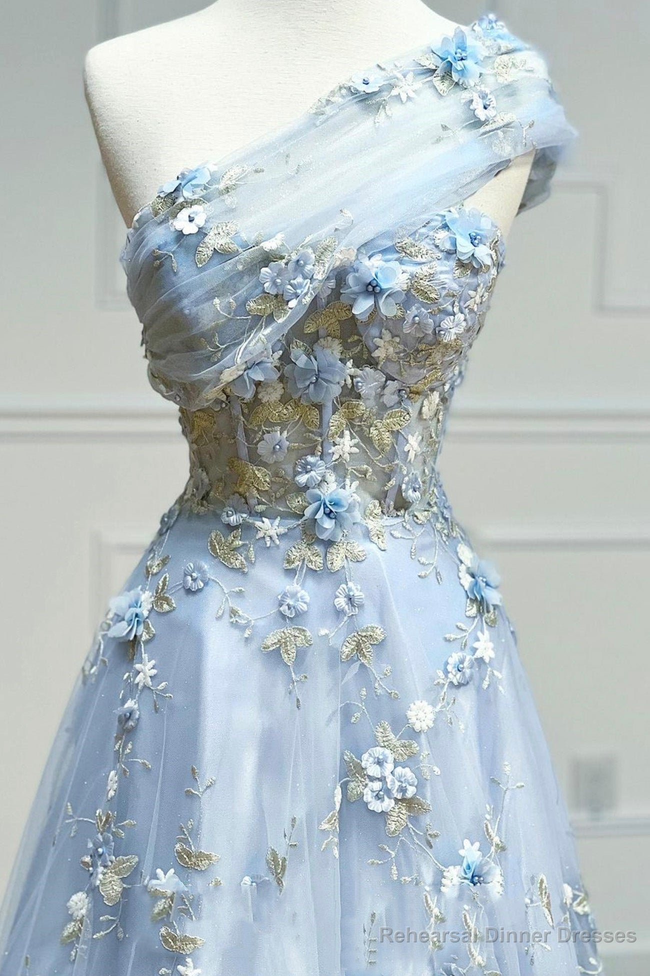 Blue Tulle Appliques Long Prom Dresses, A-Line Strapless Evening Dresses Secondary image
