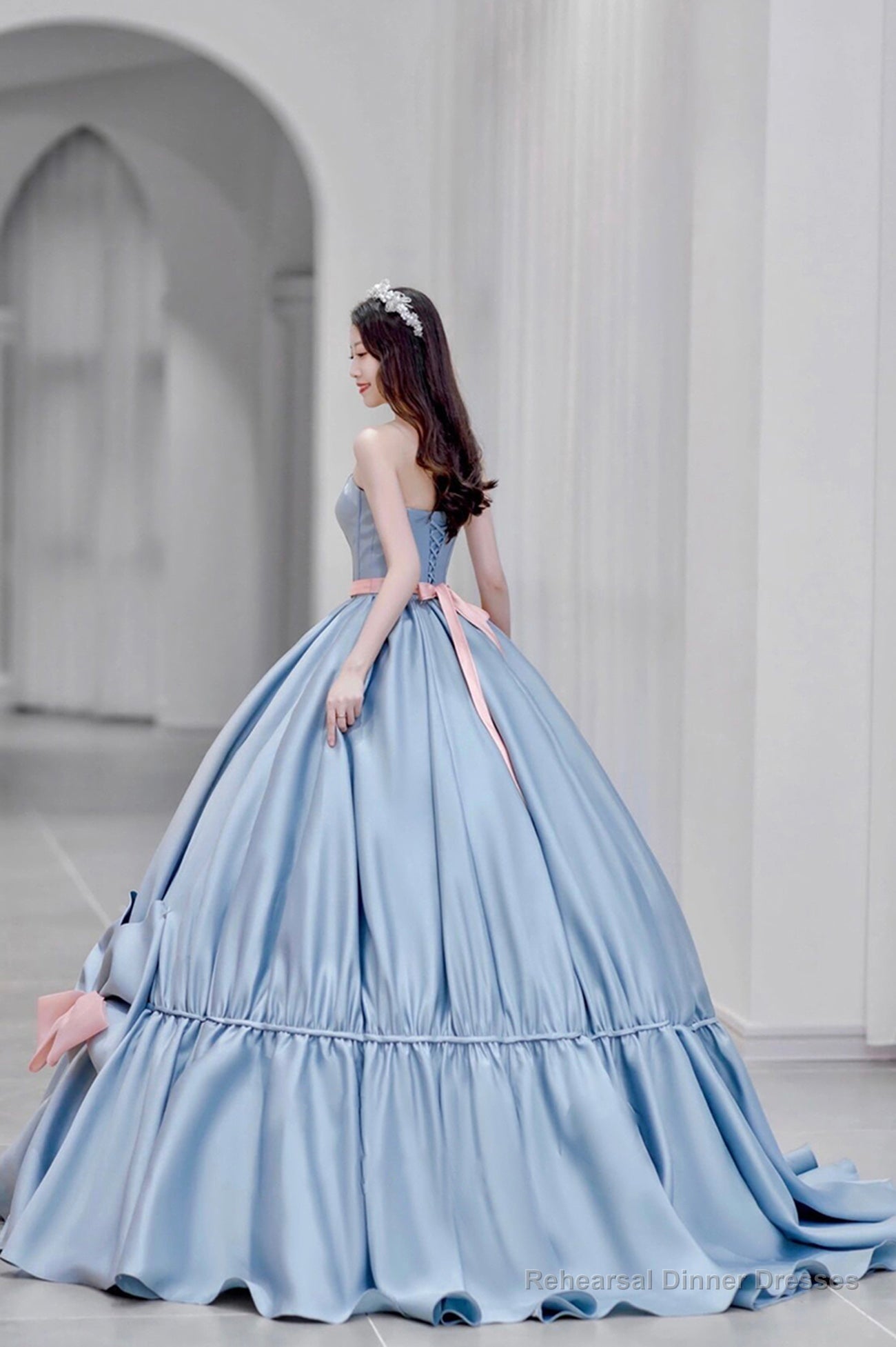 Blue Satin A-Line Princess Dress, Blue A-Line Evening Gown with Bow Main image