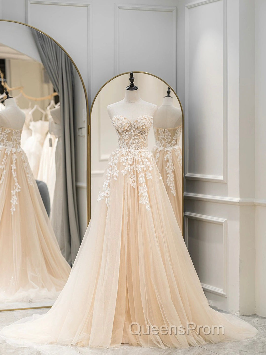 Cute Tulle Sweetheart Long Party Dress with Lace, Beautiful A-Line Evening Prom Dress