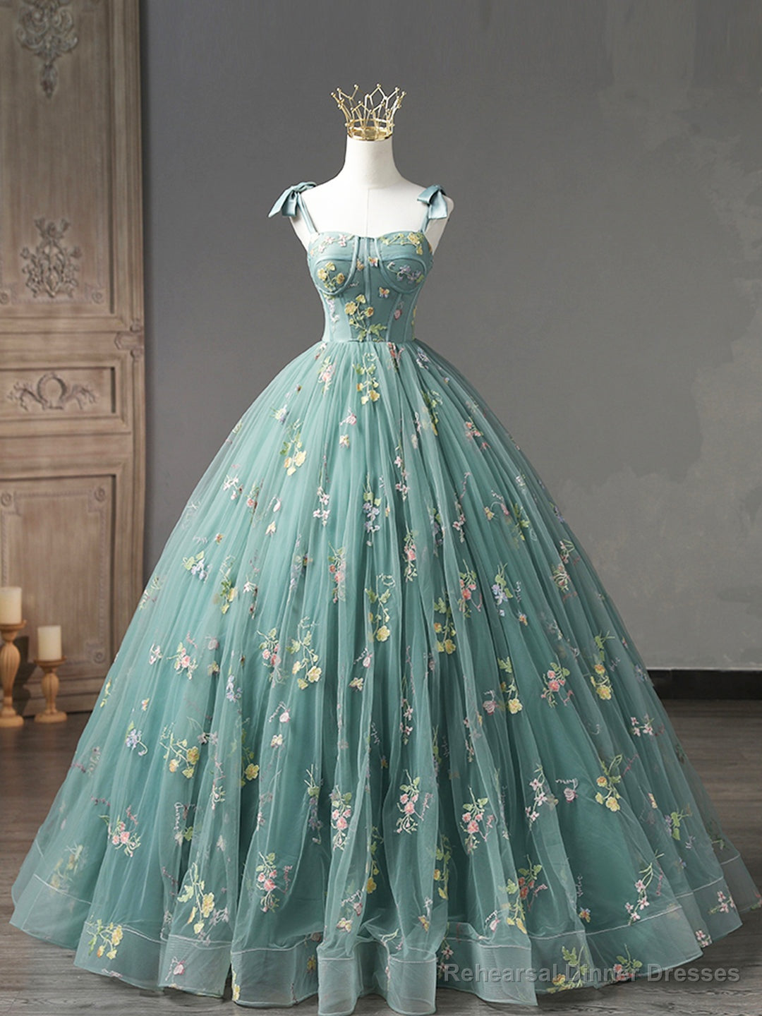 Green Floral Tulle Long Prom Dress, Cute Off Shoulder Evening Party Dress Secondary image