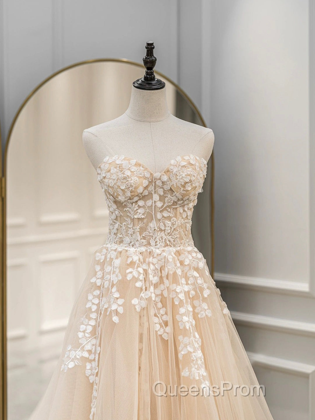 Cute Tulle Sweetheart Long Party Dress with Lace, Beautiful A-Line Evening Prom Dress