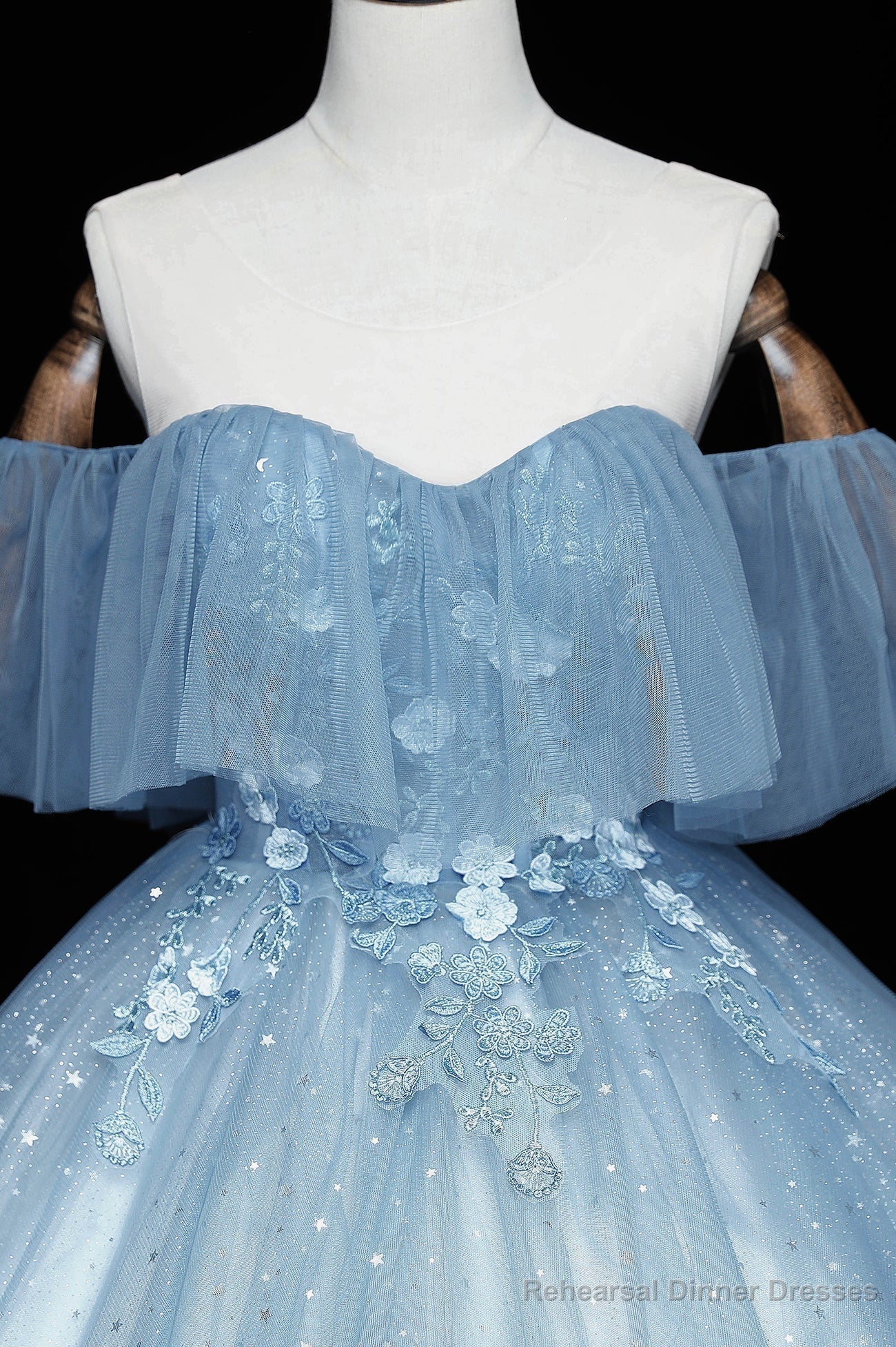 Blue Tulle Lace Long Prom Dresses, A-Line Off the Shoulder Evening Dresses Secondary image