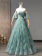 Green Floral Tulle Long Prom Dress, Cute Off Shoulder Evening Party Dress