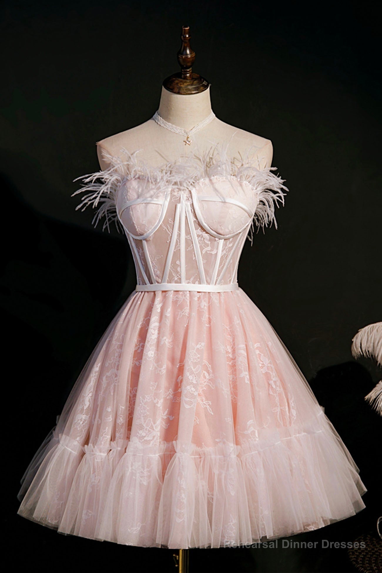 Pink Strapless Lace Short Prom Dress, A-Line Party Dress with Feather