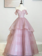 Pink Tulle Sequins Long Prom Dress, Off Shoulder Evening Dress