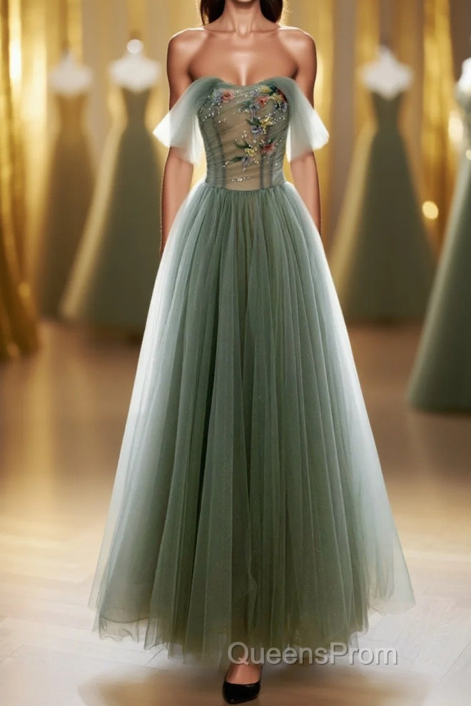 A-Line Green Tulle Long Evening Prom Dress, Off the Shoulder Evening Party Dress Main image