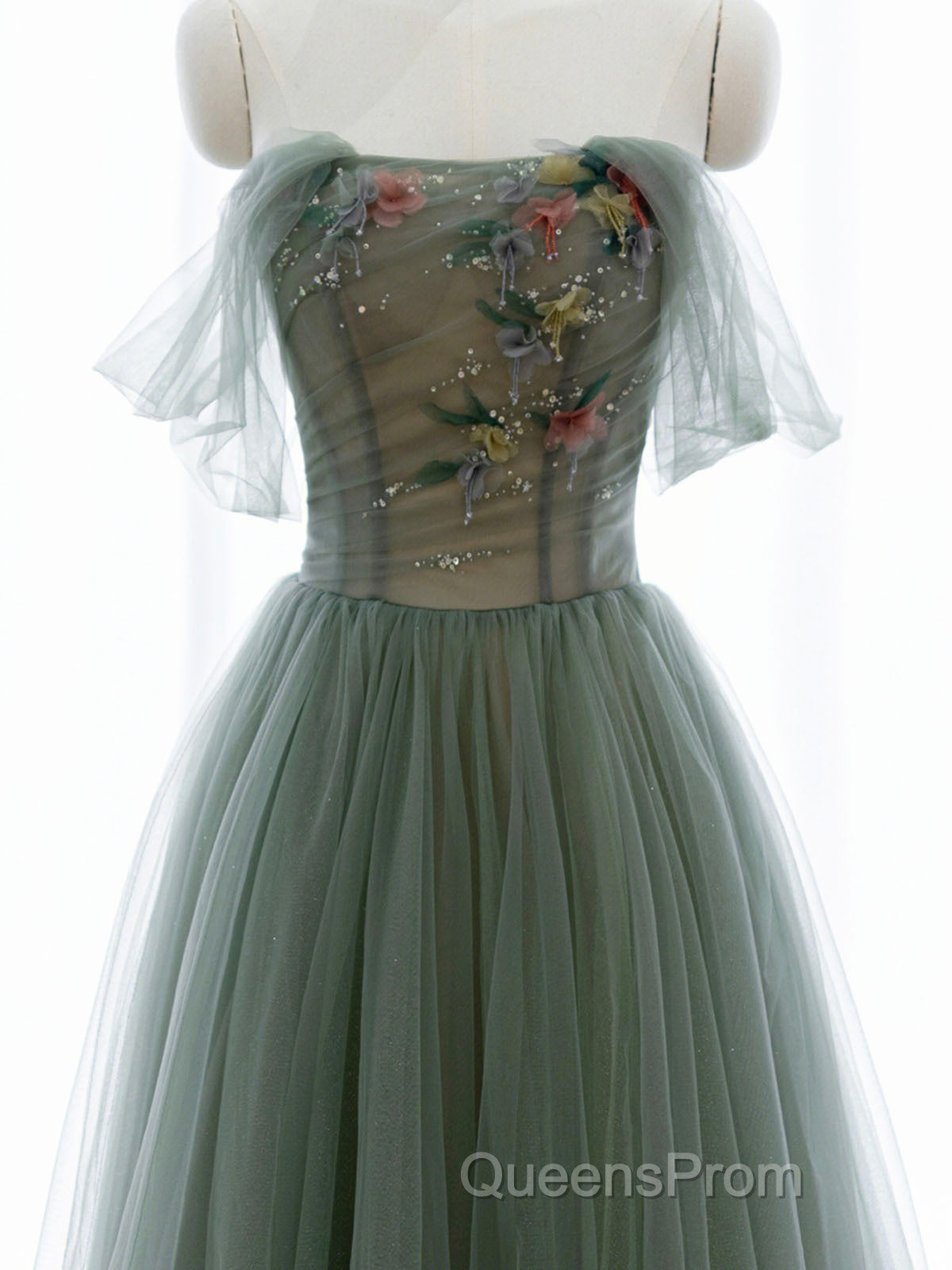 A-Line Green Tulle Long Evening Prom Dress, Off the Shoulder Evening Party Dress Secondary image