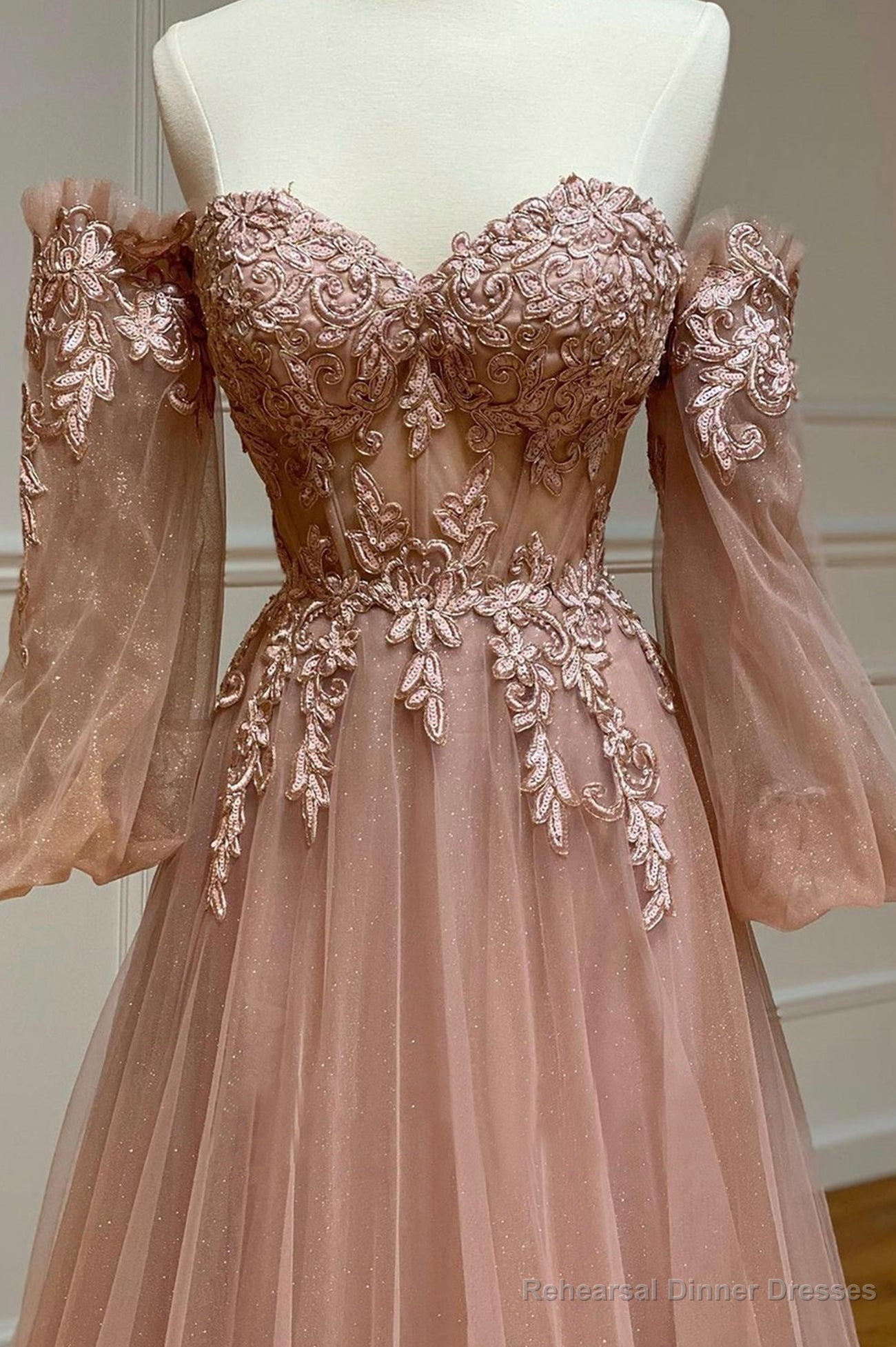 A-Line Tulle Lace Long Prom Dresses, Off the Shoulder Lace Formal Dresses Secondary image