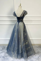 Blue Scoop Neckline Tulle Long Prom Dress, A-Line Evening Dress