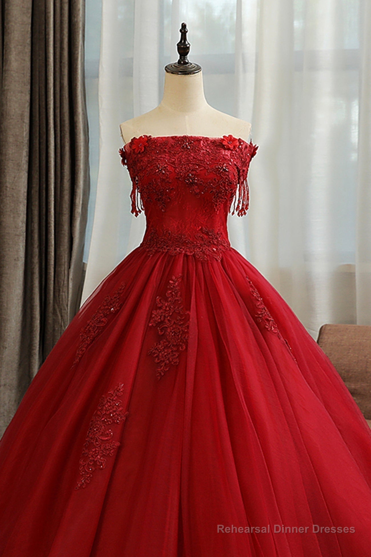 Burgundy Lace Long Formal Evening Dress, A-Line Lace Ball Gown Secondary image