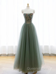 A-Line Green Tulle Long Evening Prom Dress, Off the Shoulder Evening Party Dress