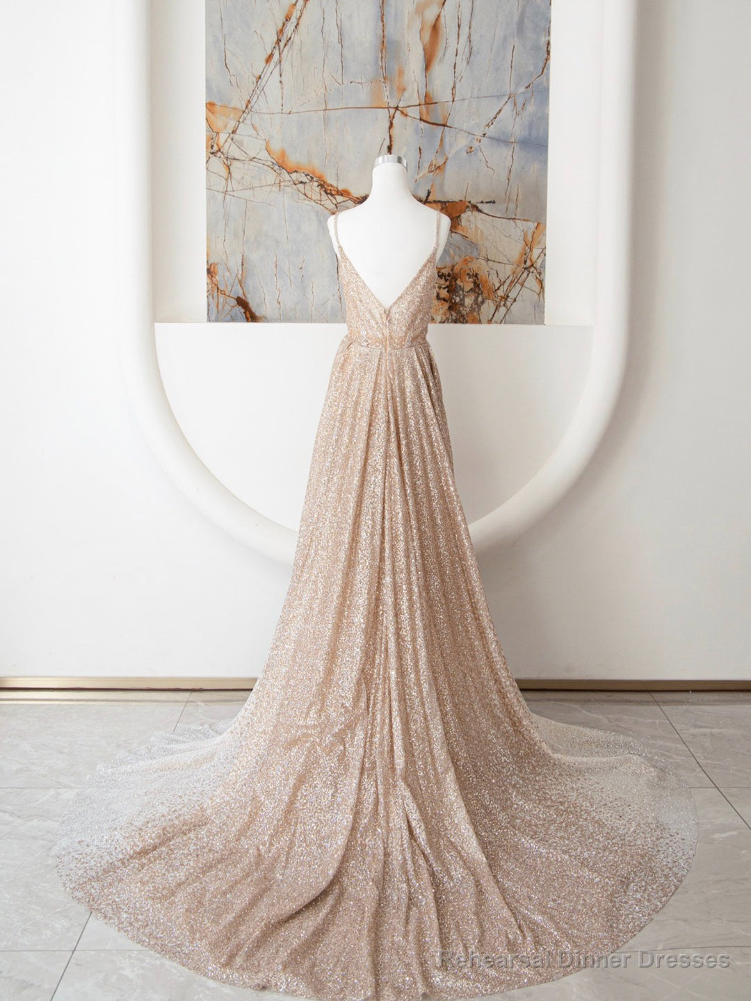 Champagne Spaghetti Strap Sequins Long Prom Dress, Shiny V-Neck Evening Dress Secondary image