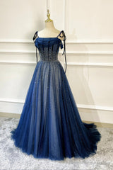 Blue Long Tulle Beaded Prom Dress, Blue Evening Party Dress