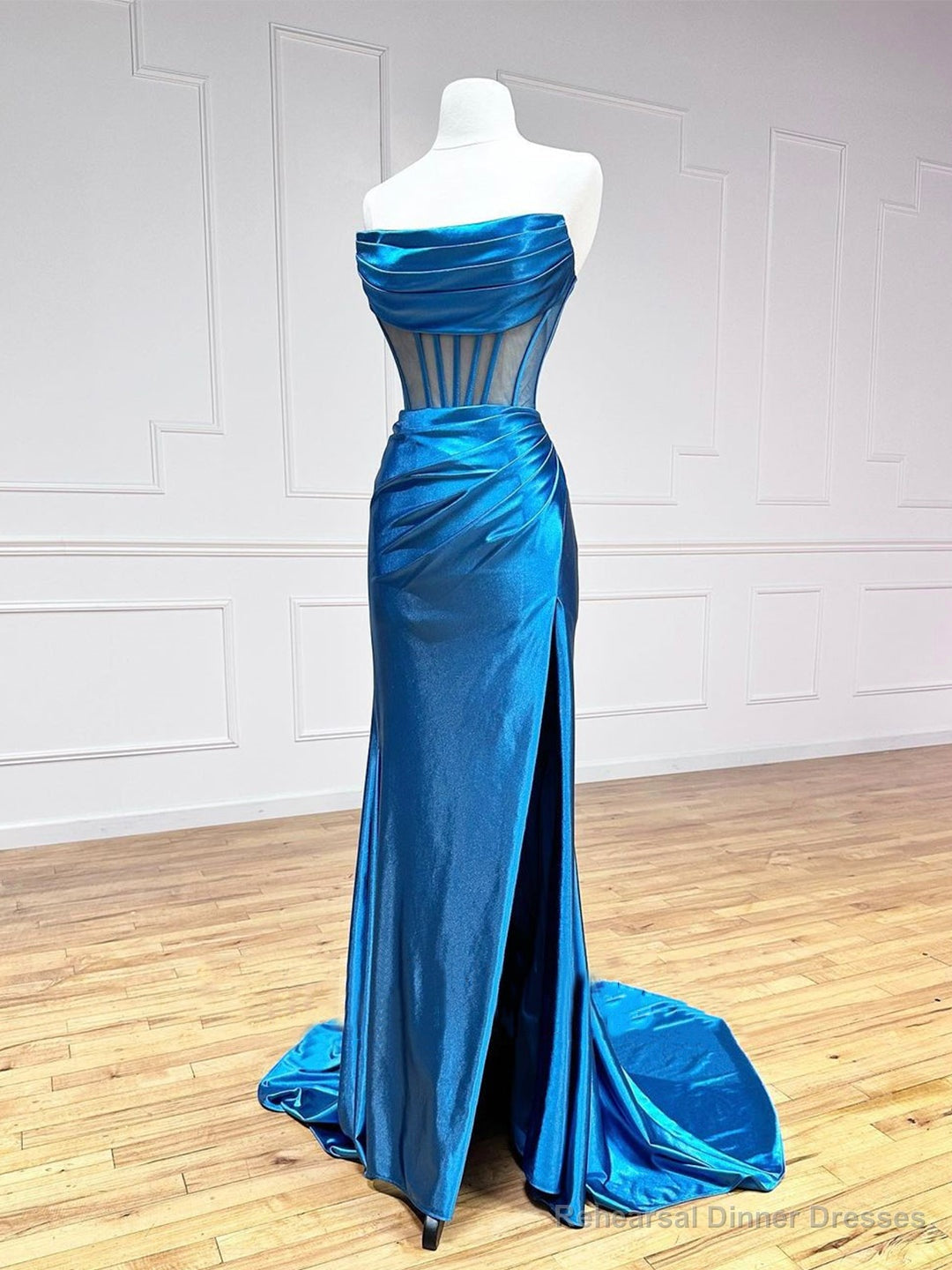 Blue Strapless Pleated Long Prom Dress, Blue Satin Party Dress Main image