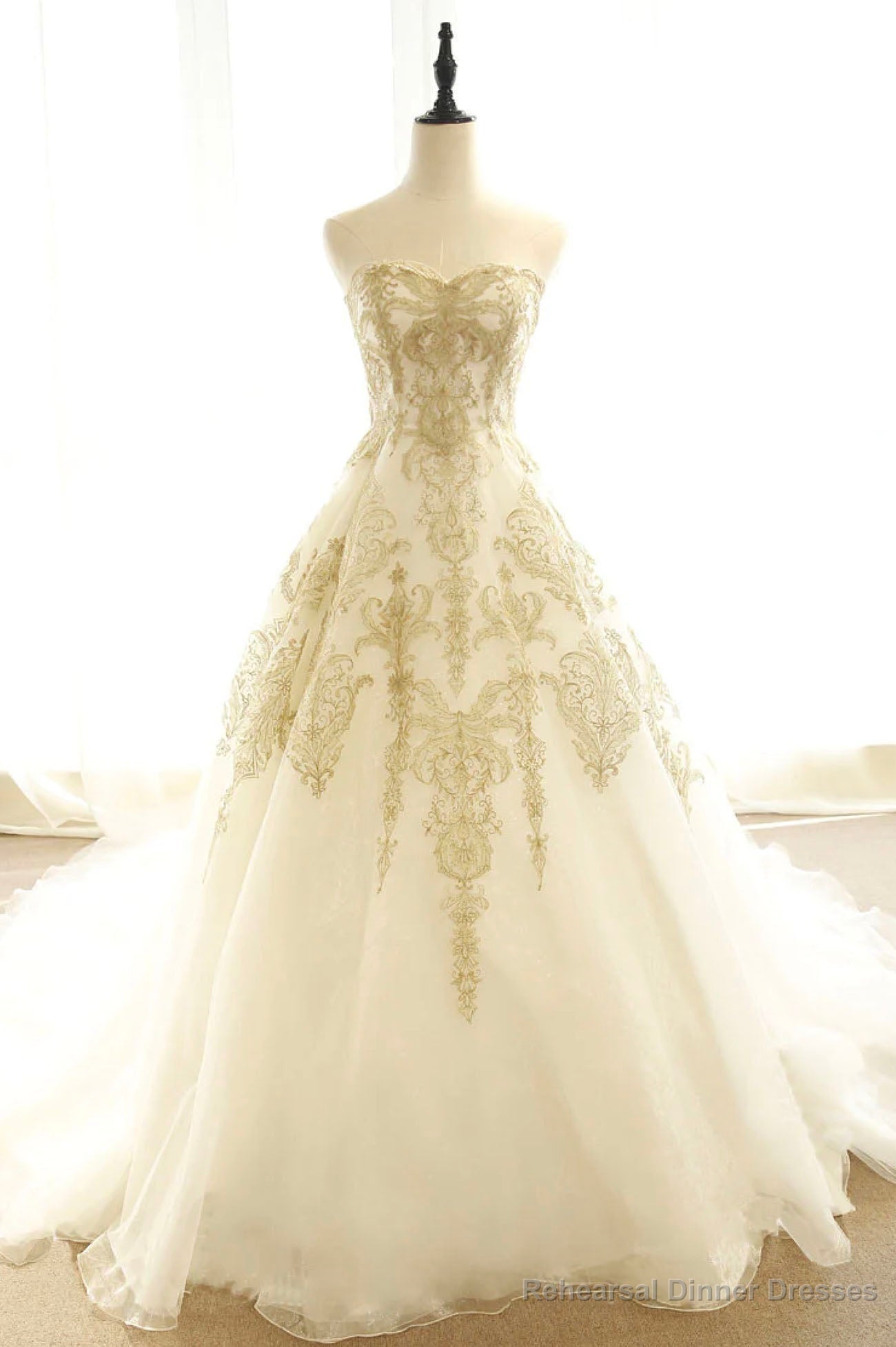 Long Champagne Strapless Tulle Lace Prom Dress, A-Line Evening Dress with Train Main image