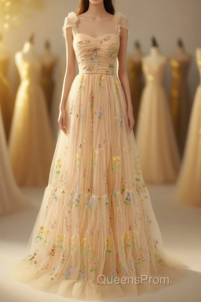 Champagne Lovely Tulle Lace Long Evening Prom Dress, Champagne Evening Dress Main image