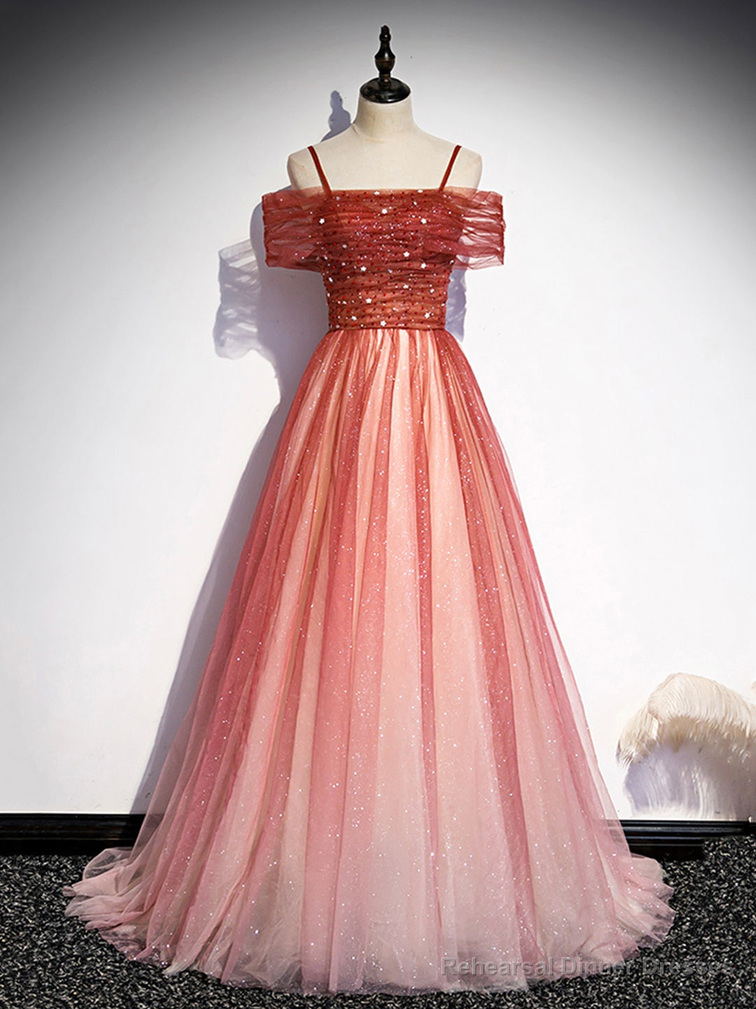 Burgundy Tulle Long Prom Dress, A-Line Off Shoulder Evening Dress Main image