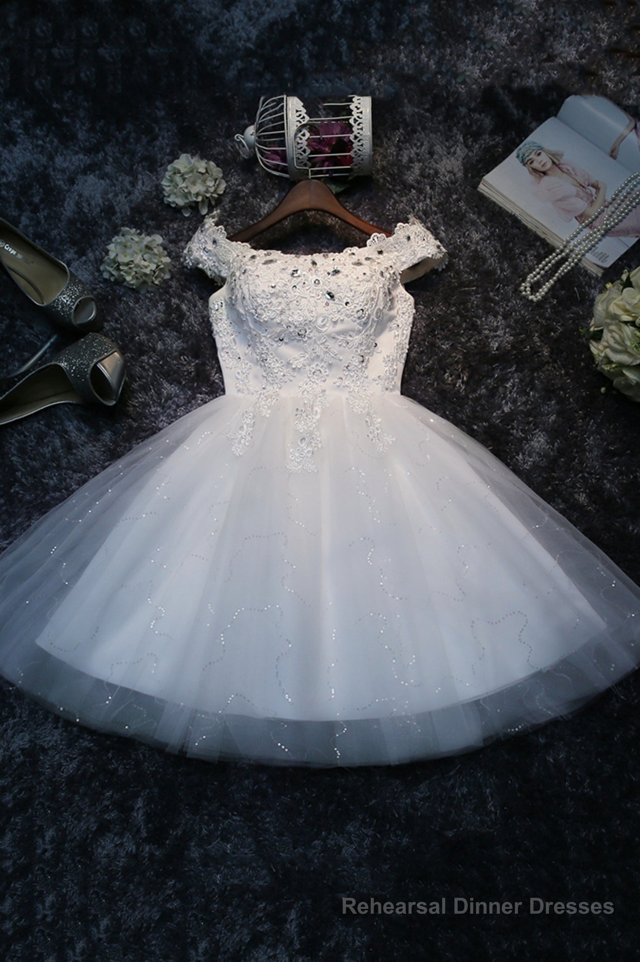 Cute Lace Short A-Line Prom Dresses, Off the Shoulder Party Dresses