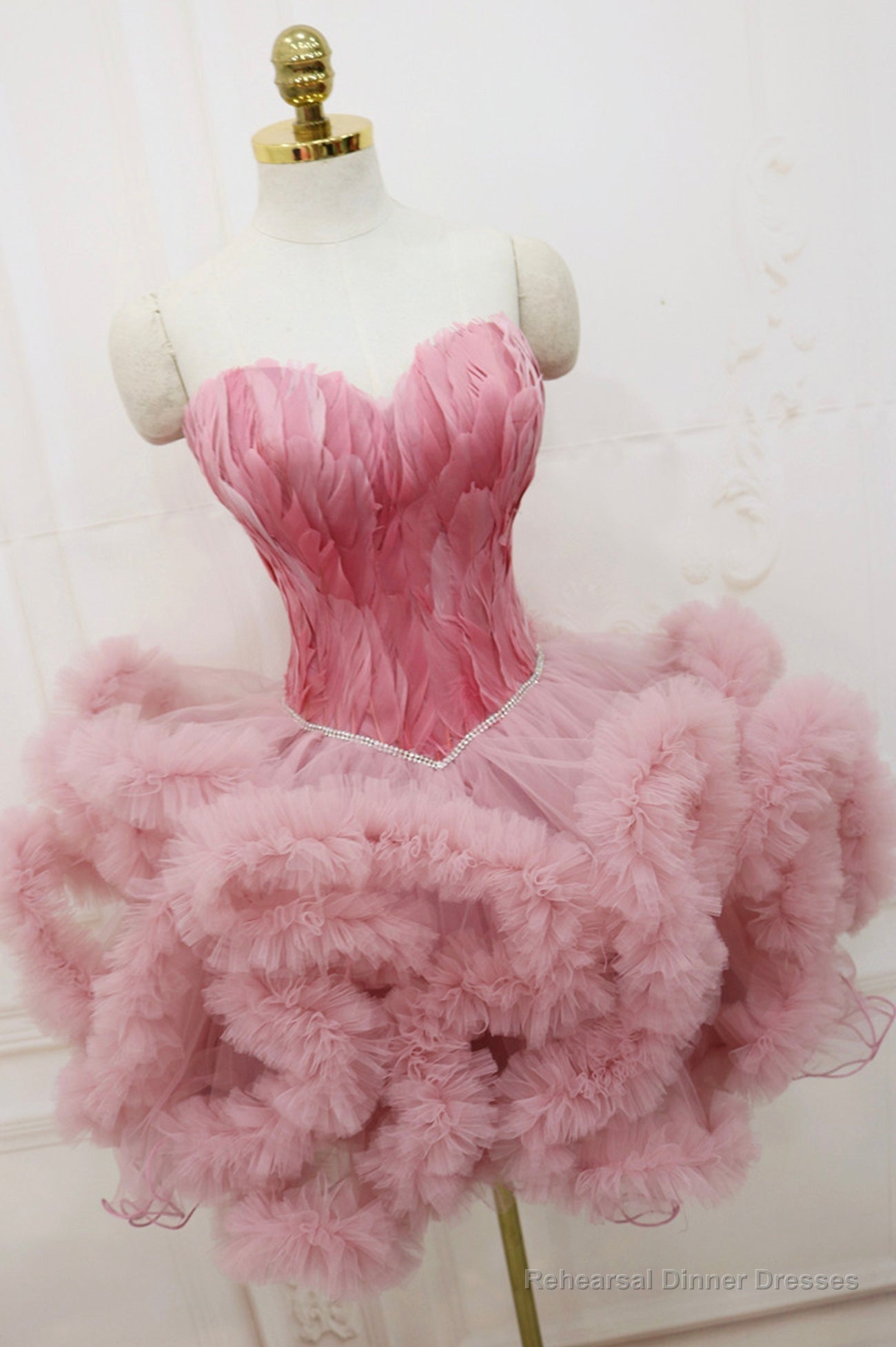 Pink Sweetheart Neck Short Prom Dress, A Line Party Dress with Feather Main image