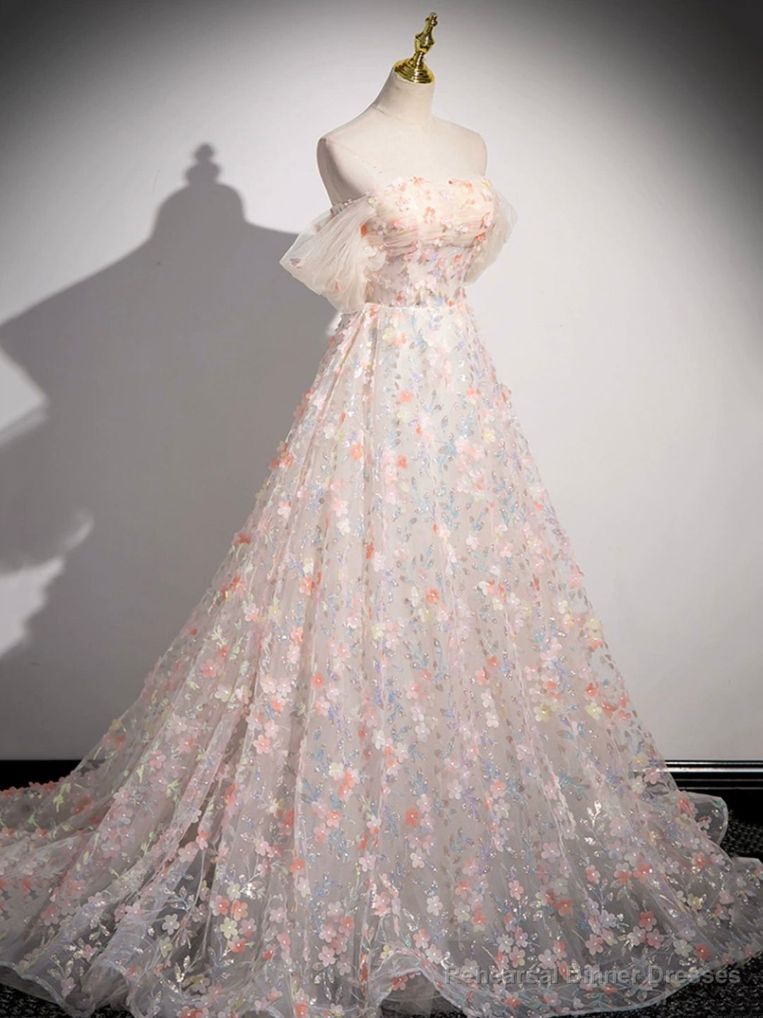 Lovely Three-dimensional Floral Floor Length Prom Dress, Off the Shoulder Evening Party Dress Main image