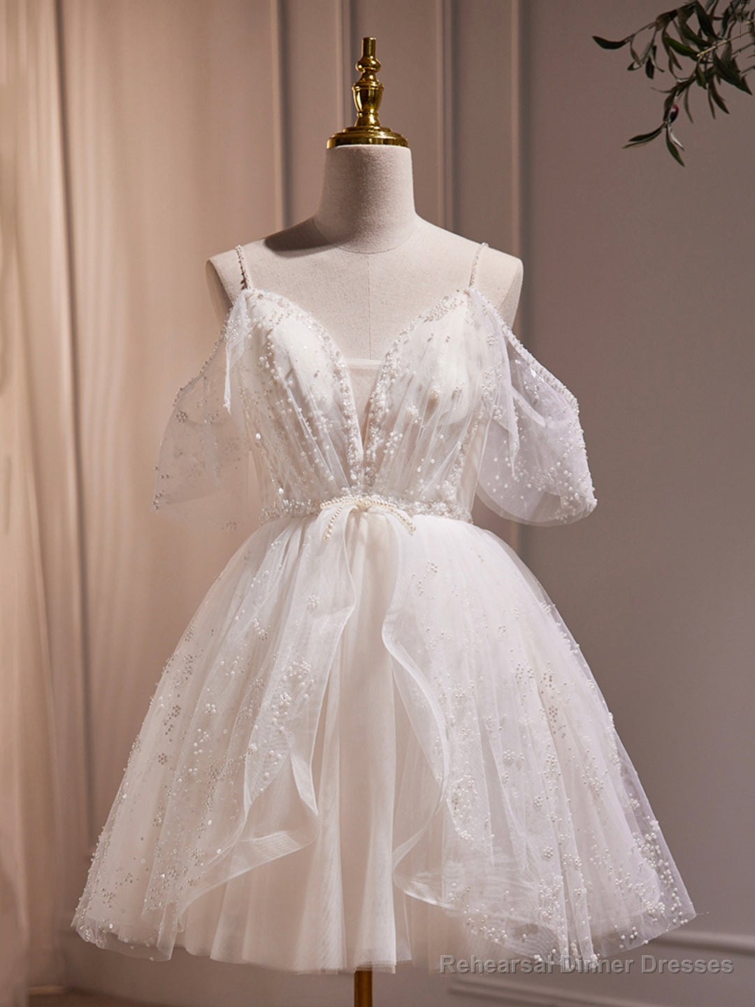 Ivory V-Neck Beaded Straps Party Dress, Ivory Knee Length Prom Dress Secondary image