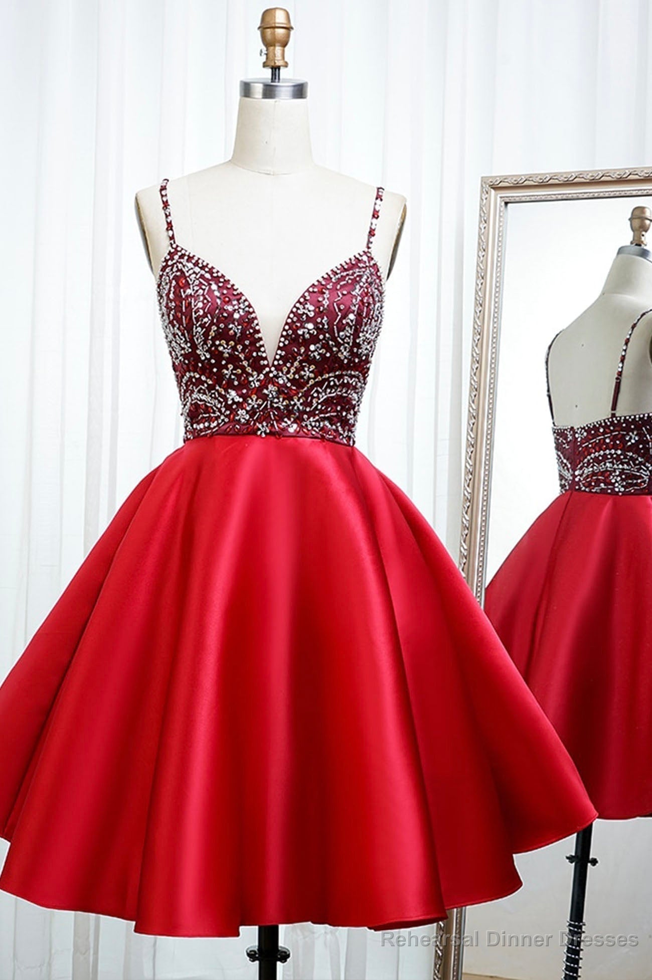 Red Satin Beading Short Prom Dresses, A-Line Homecoming Dresses Main image