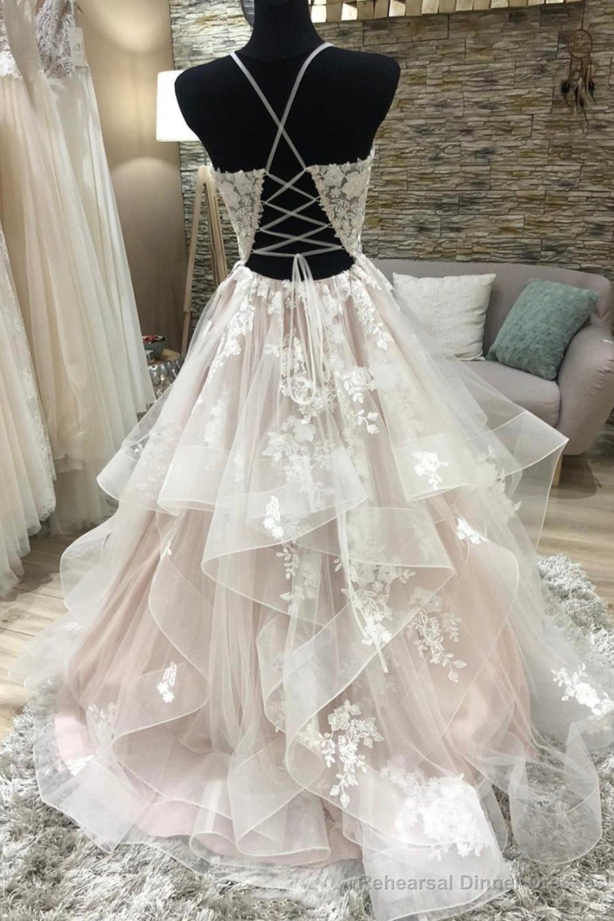 A-Line Lace Long Prom Dresses, V-Neck Formal Evening Dresses Secondary image