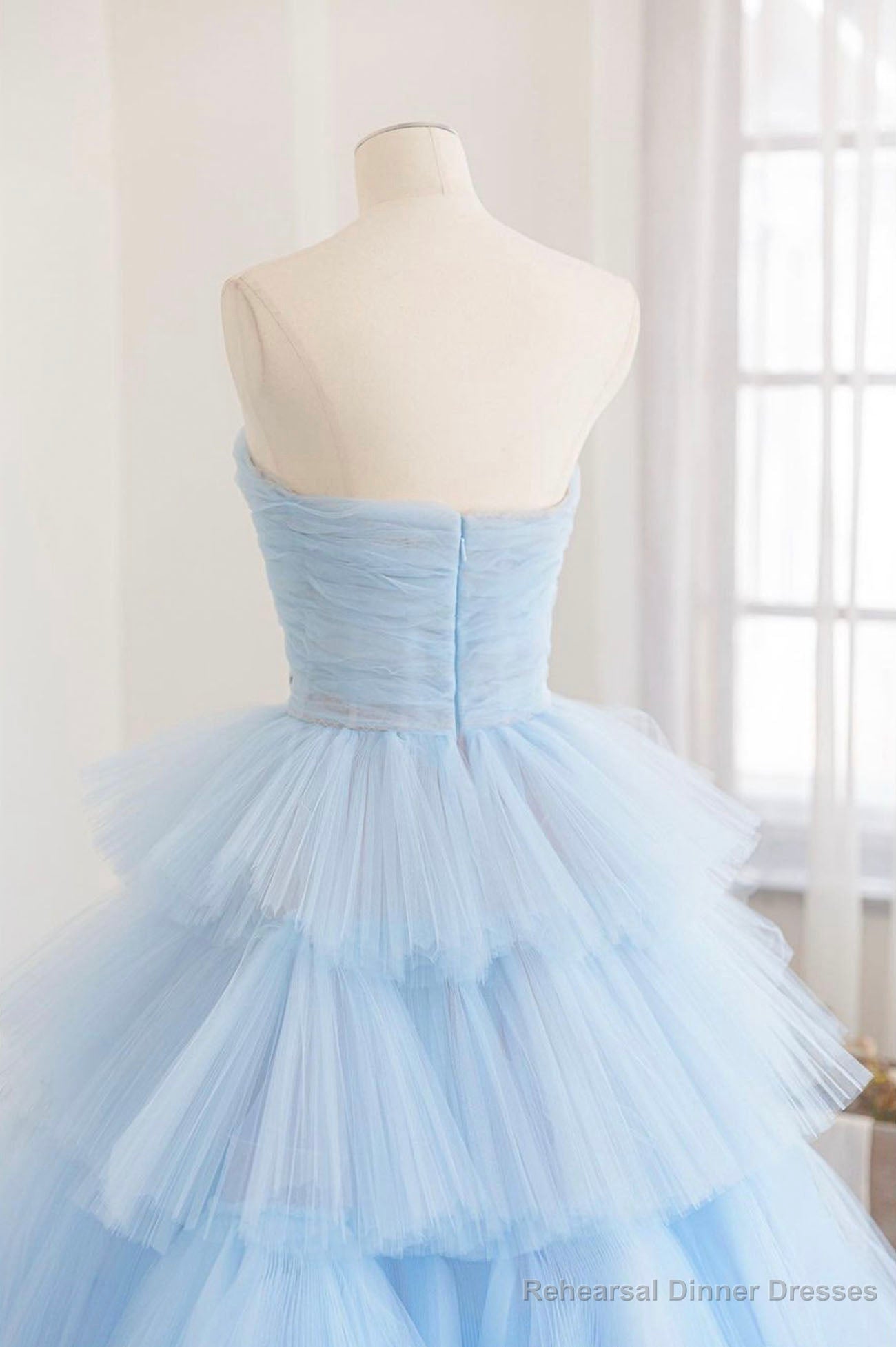 Blue Layers Tulle Long Prom Dresses, A-Line Strapless Evening Dresses