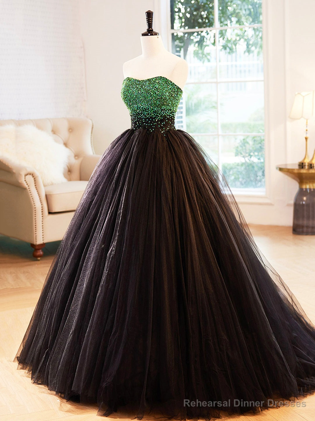 Black Strapless Tulle Long Prom Dress with Green Beaded, A-Line Formal Dress Main image