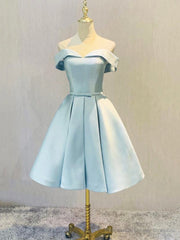 Simple Short Light Blue Satin Party Dress, Blue A-Line Off the Shoulder Evening Dress