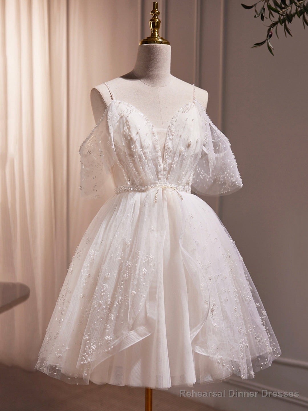 Ivory V-Neck Beaded Straps Party Dress, Ivory Knee Length Prom Dress Main image