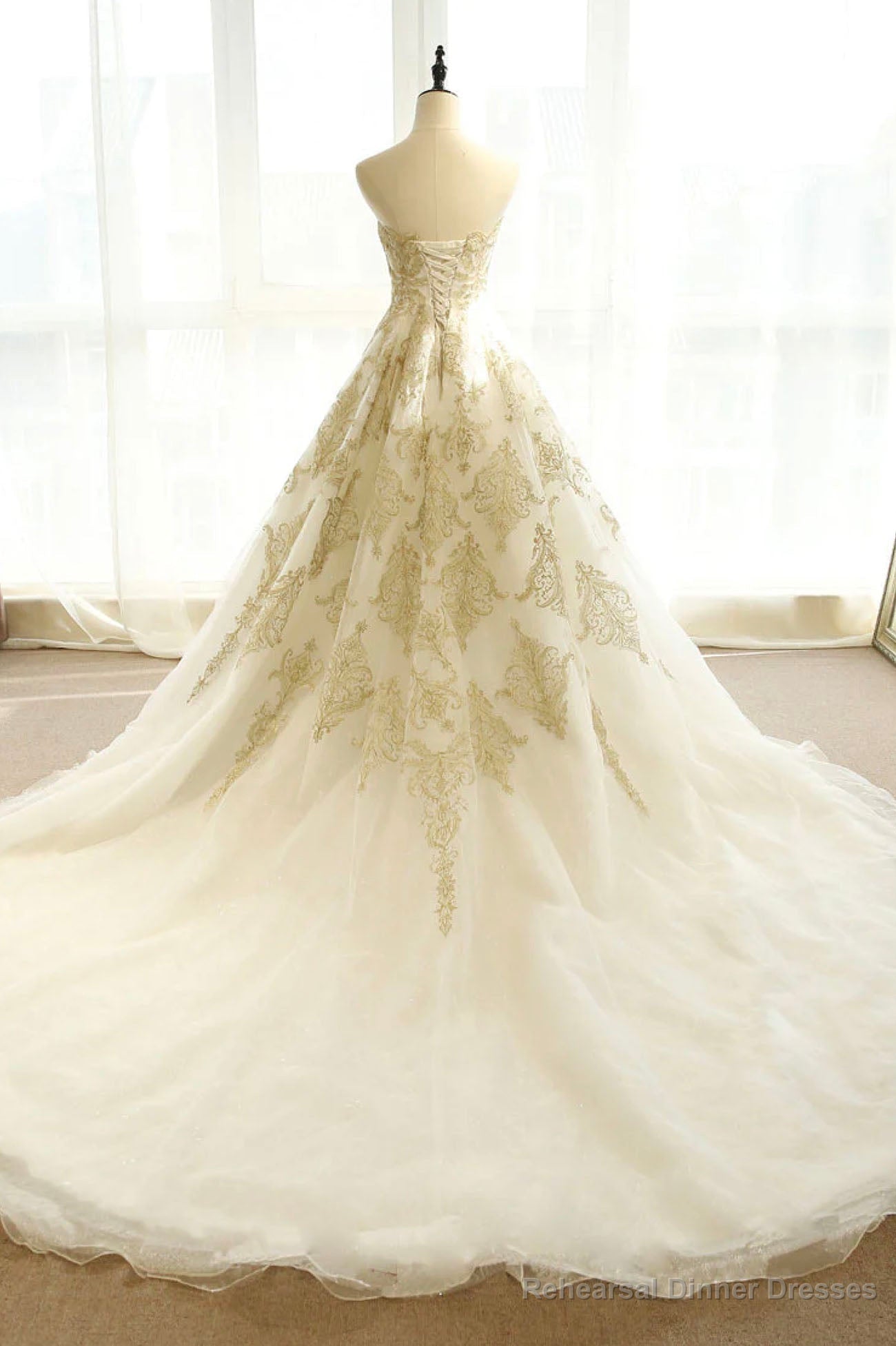 Long Champagne Strapless Tulle Lace Prom Dress, A-Line Evening Dress with Train Secondary image