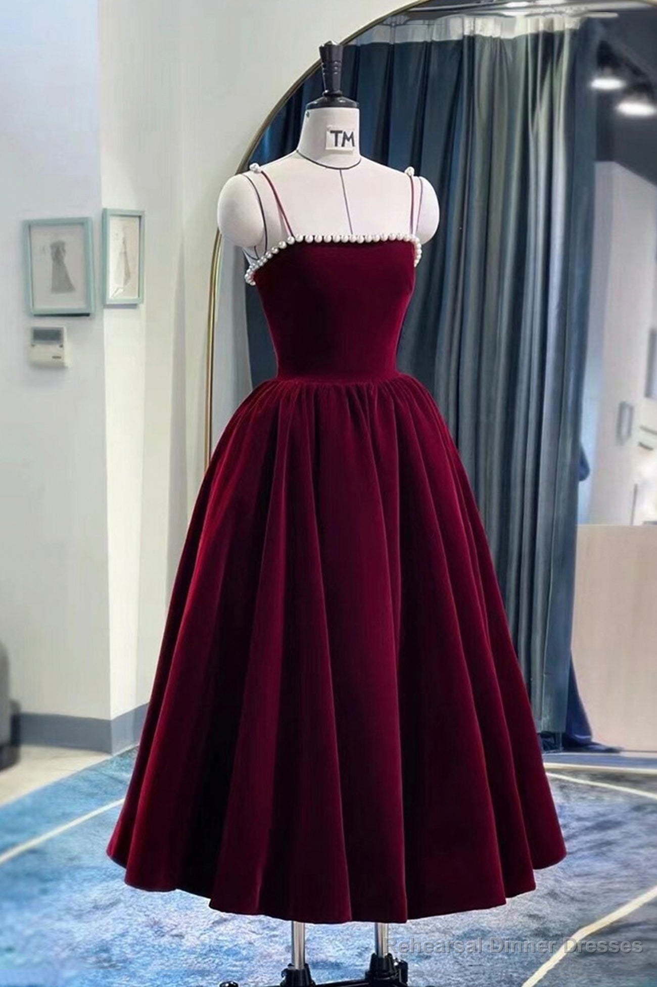 Burgundy Velvet Short Prom Dress, A-Line Party Dress with Pearls Main image