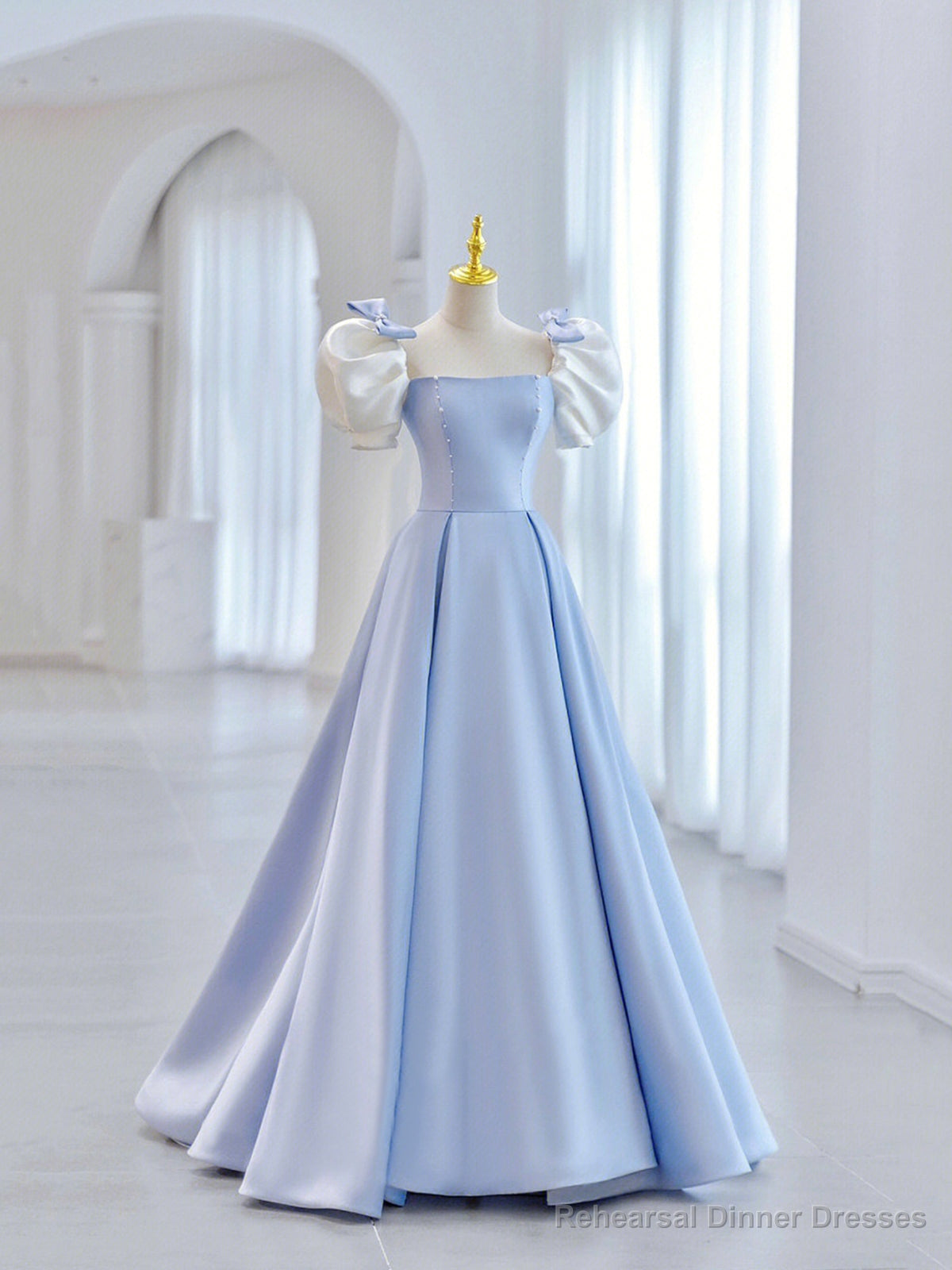 Blue Short Sleeve Saitn Formal Evening Dress, Cute A-Line Junior Prom Dress Main image