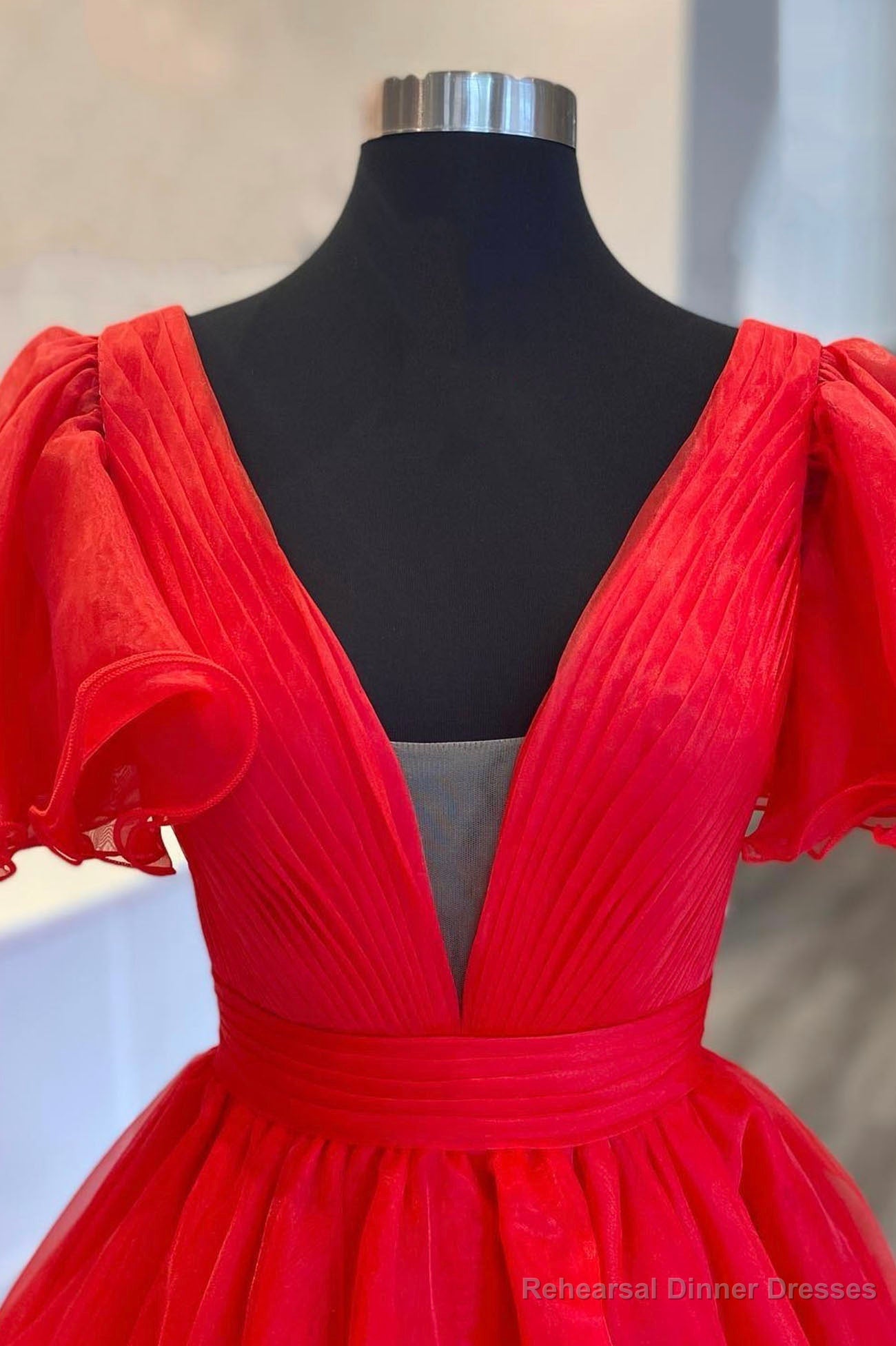 Red Organza Long A-Line Prom Dress, Beautiful V-Neck Evening Dress Secondary image