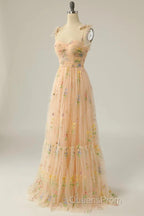 Champagne Lovely Tulle Lace Long Evening Prom Dress, Champagne Evening Dress