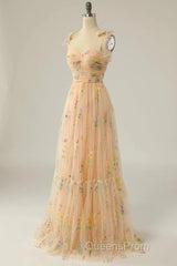 Champagne Lovely Tulle Lace Long Evening Prom Dress, Champagne Evening Dress