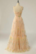 Champagne Lovely Tulle Lace Long Evening Prom Dress, Champagne Evening Dress